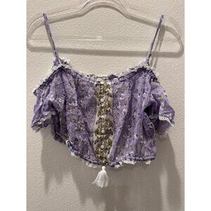 Poupette St Barth Women's Purple Floral Tassels Cold Shoulder Crop Tops Size XS